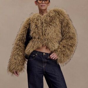 MESHKI Ottie Mongolian Faux Fur Cropped Jacket - Brown Multi